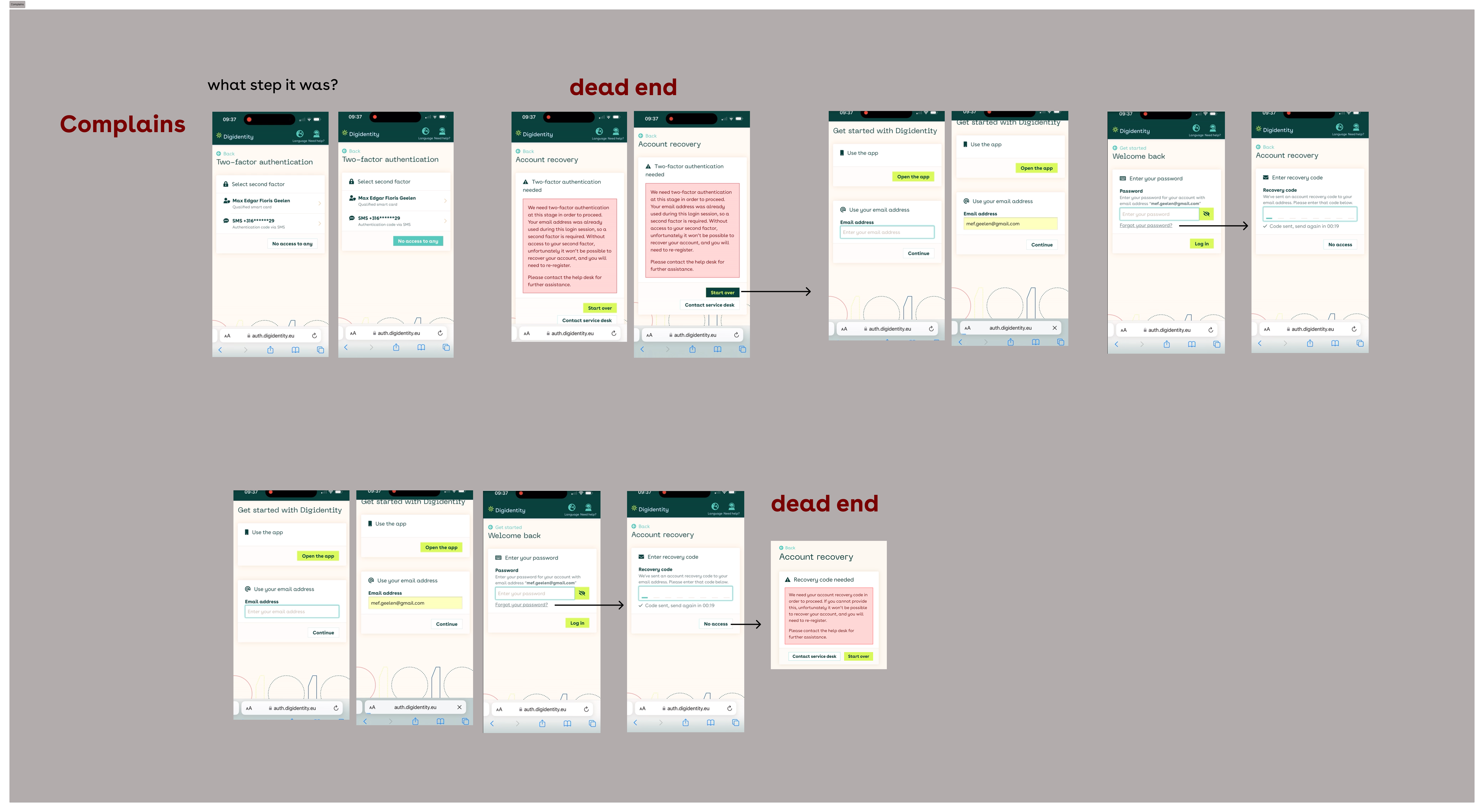 Complaints — fragmented flows with dead ends and web to mobile handoffs annotated
