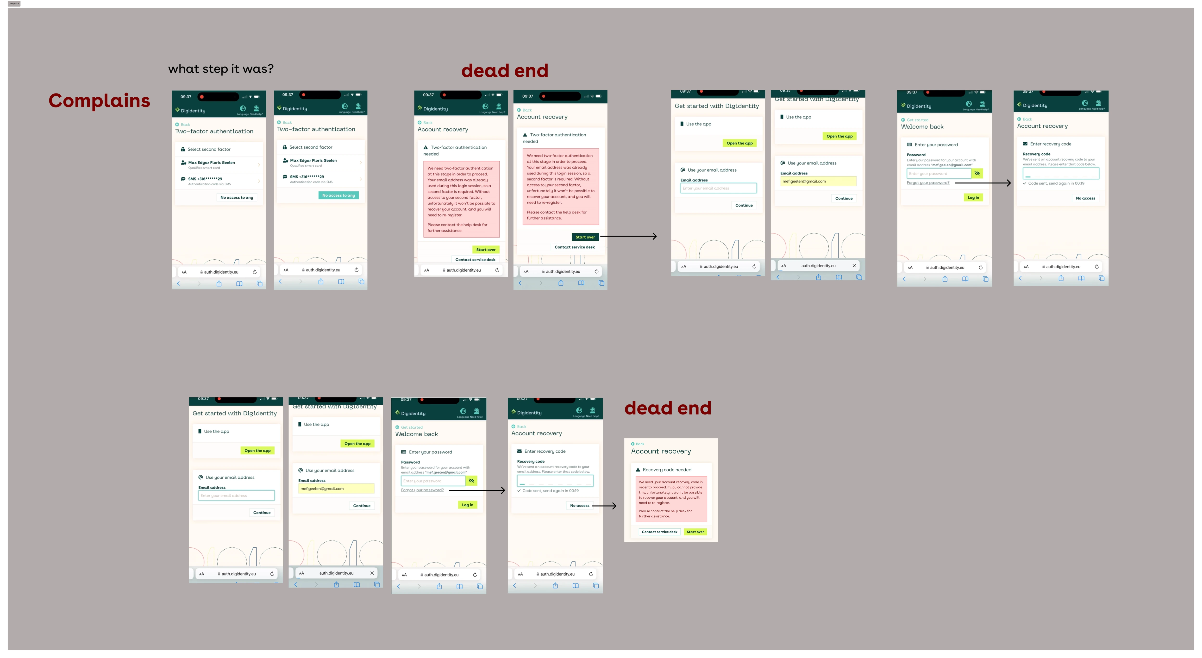 Complaints — fragmented flows with dead ends and web to mobile handoffs annotated