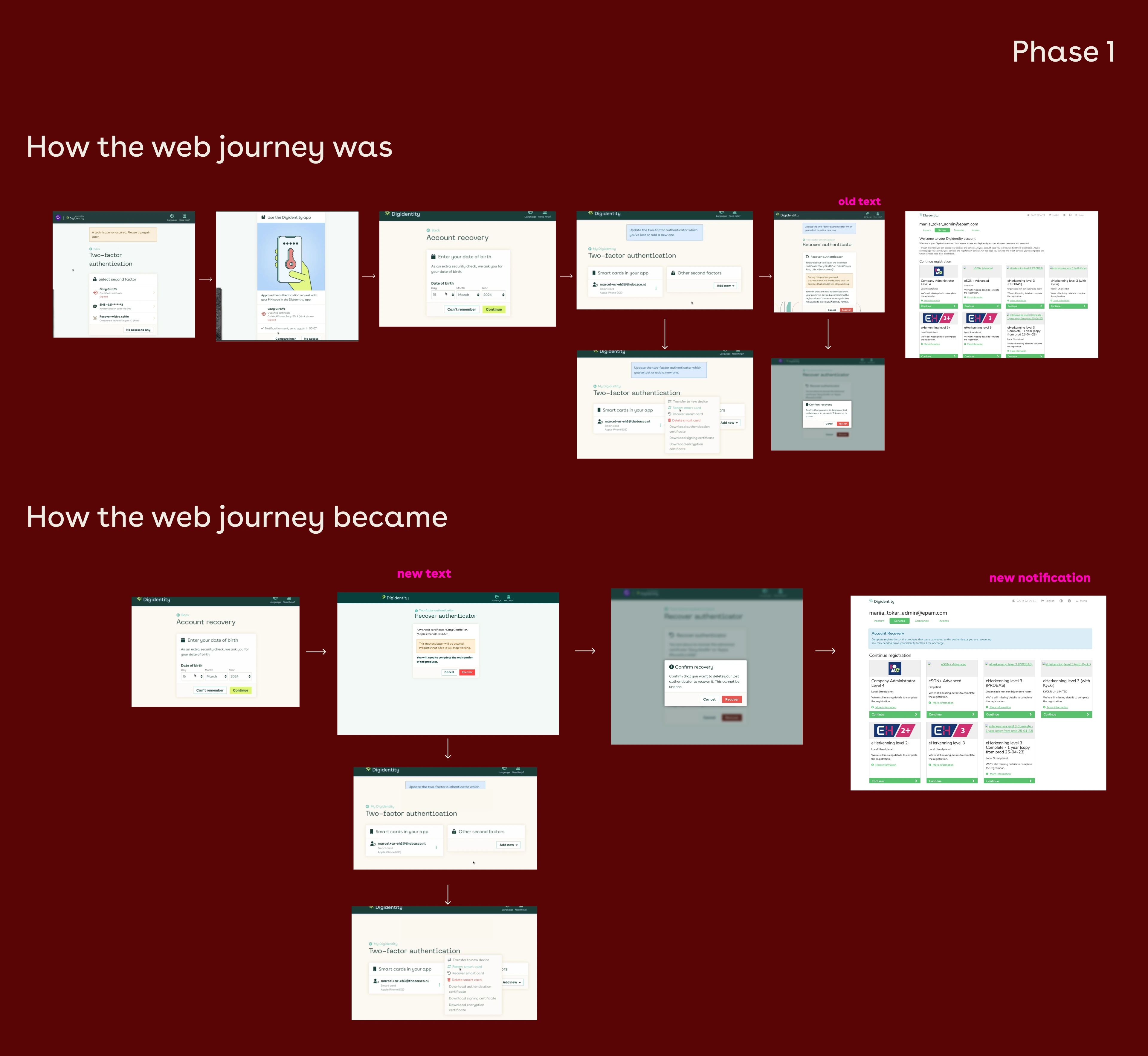 Phase 1 web recovery journey — how the authenticator-recovery web flow was, versus how it became