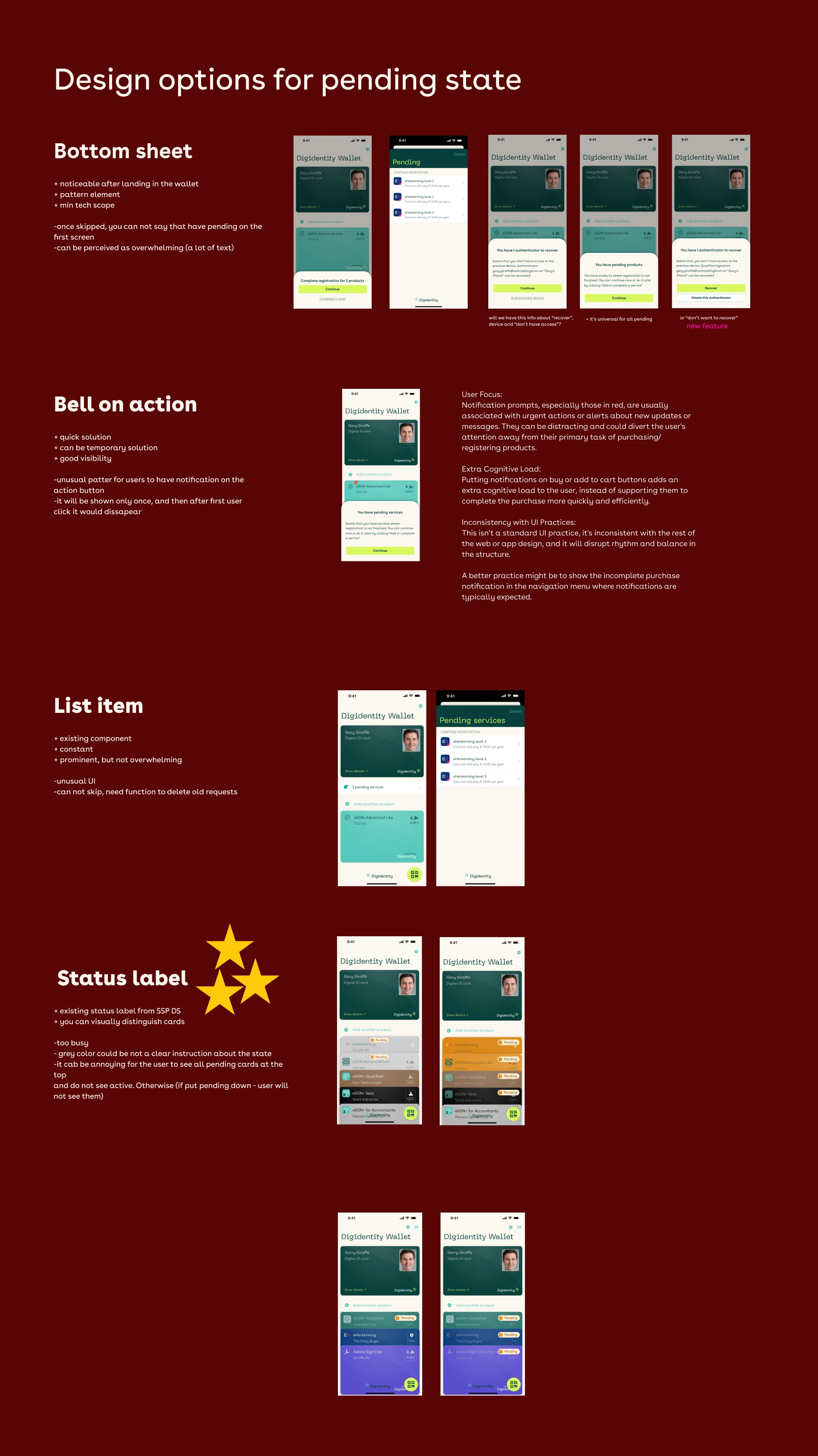 Design exploration of the pending state — four approaches compared with pros and cons: bottom sheet, notification bell on the action button, list item, and status label on each product card