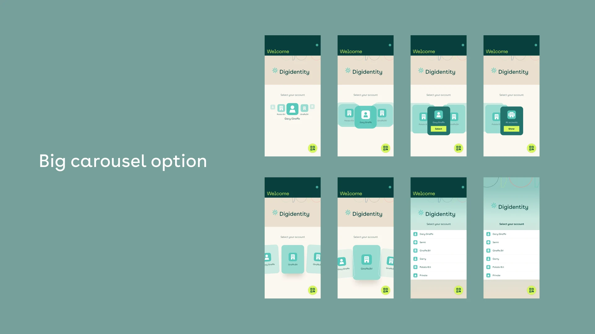 The Big Carousel option — Digidentity account selection shown across eight states, from swipeable account tiles to the scrollable all-accounts list