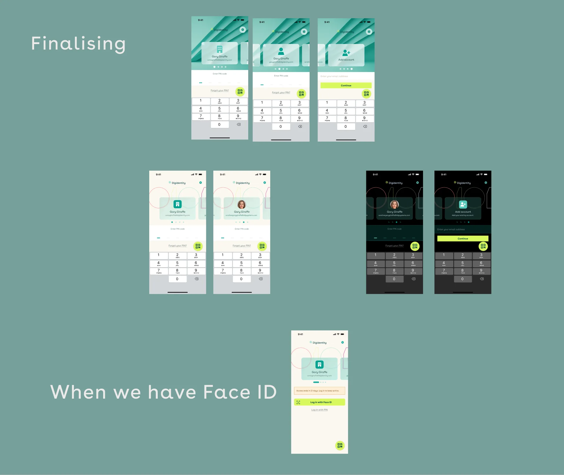 Finalising the login — PIN-entry and add-account screens across light and dark Liquid Glass treatments, plus a 'When we have Face ID' concept screen