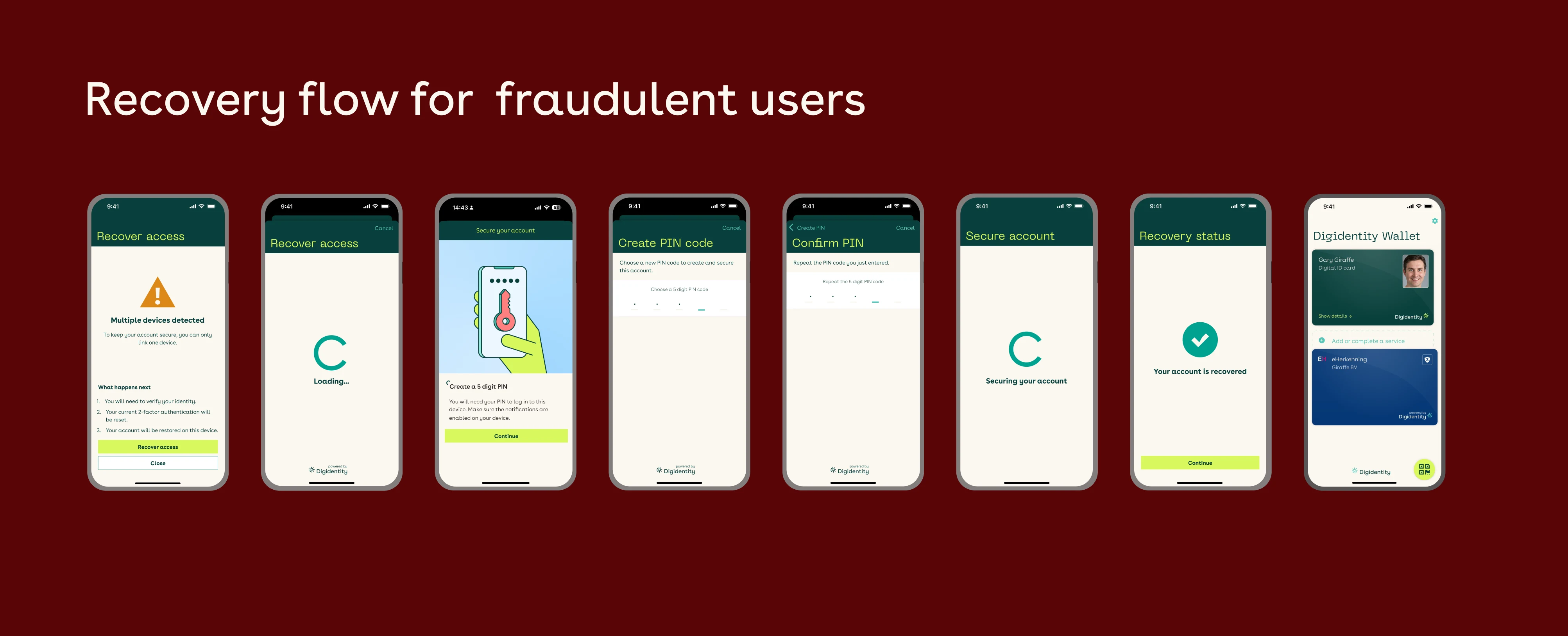 Recovery flow for suspected-fraud users — multiple-devices warning, identity verification, new PIN creation, securing the account, and recovered wallet