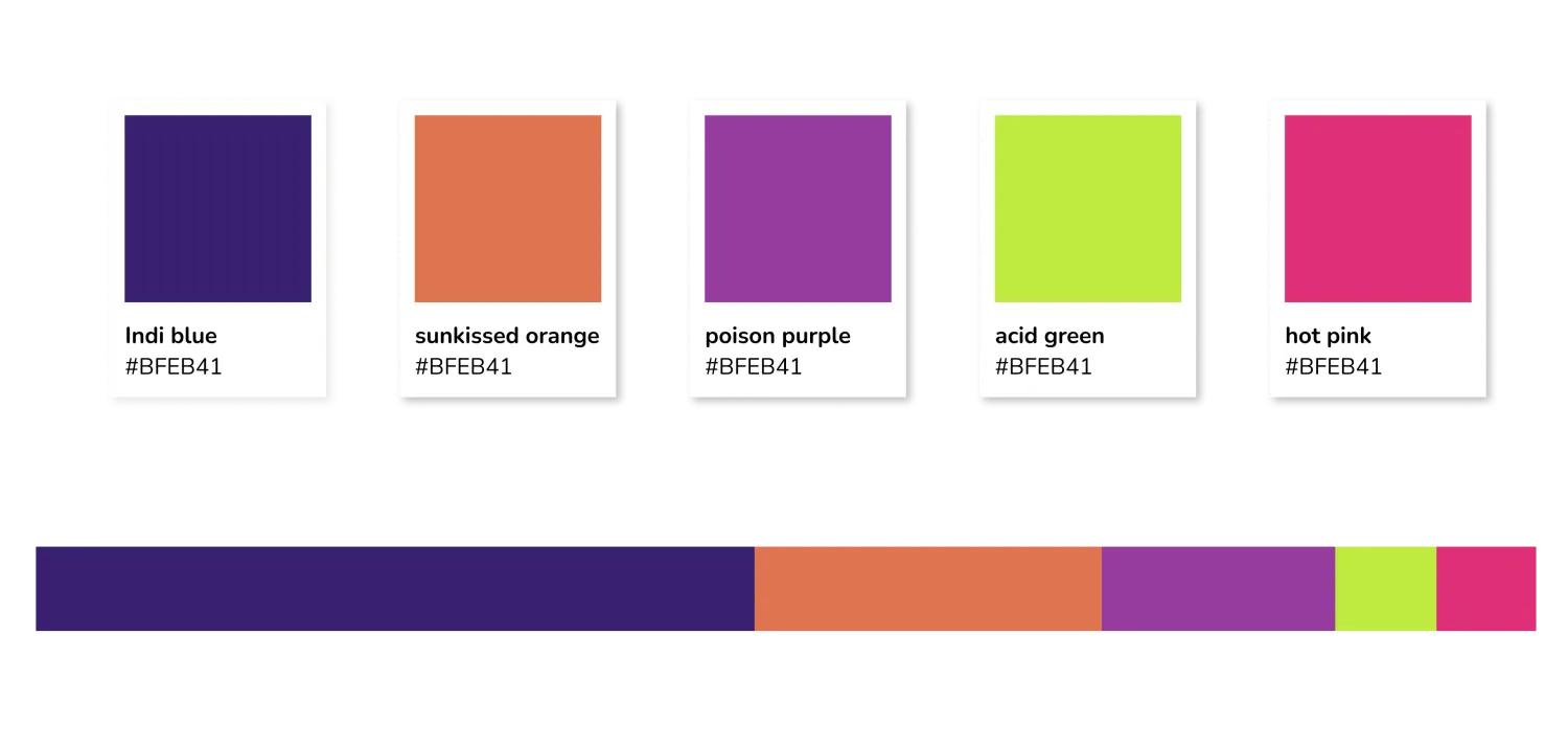 Colour palette — indigo blue, sunkissed orange, poison purple, acid green, hot pink