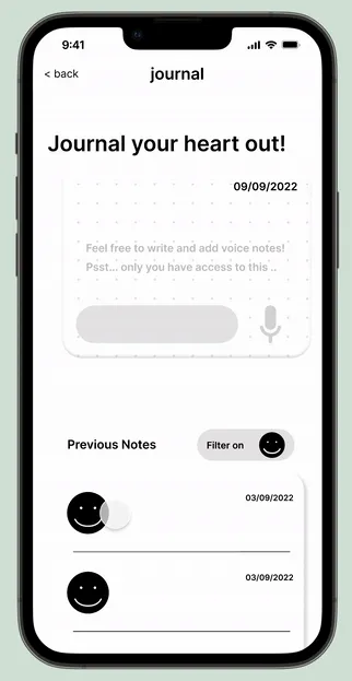 Journal screen — journal your heart out, with voice-note entries and mood filter