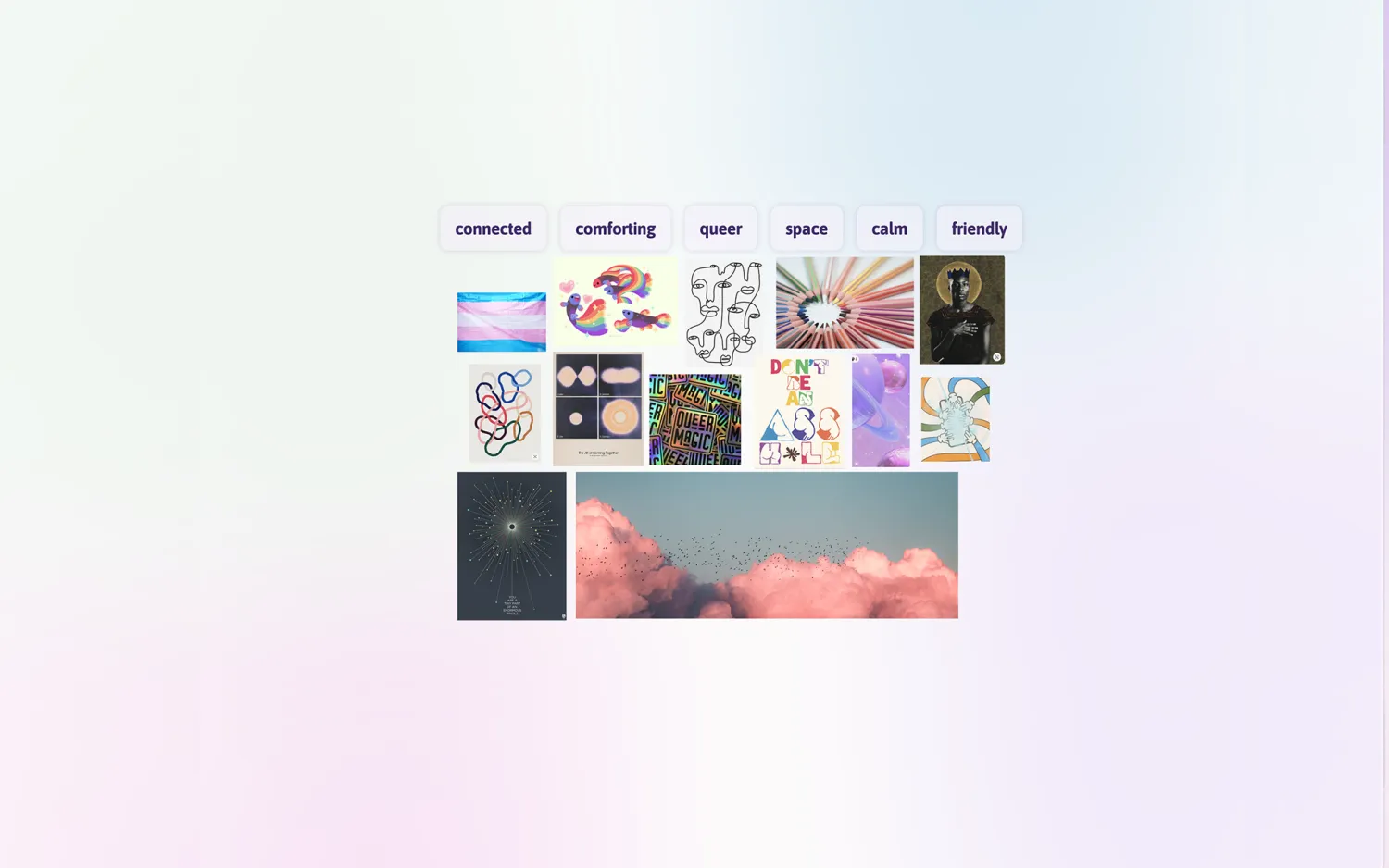 Brand attributes and mood board — connected, comforting, queer, space, calm, friendly