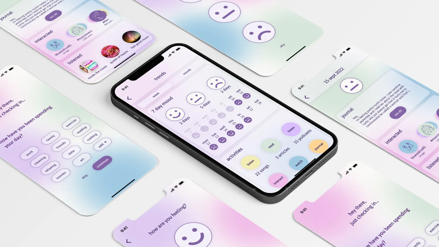 Isometric showcase of the high-fidelity screens