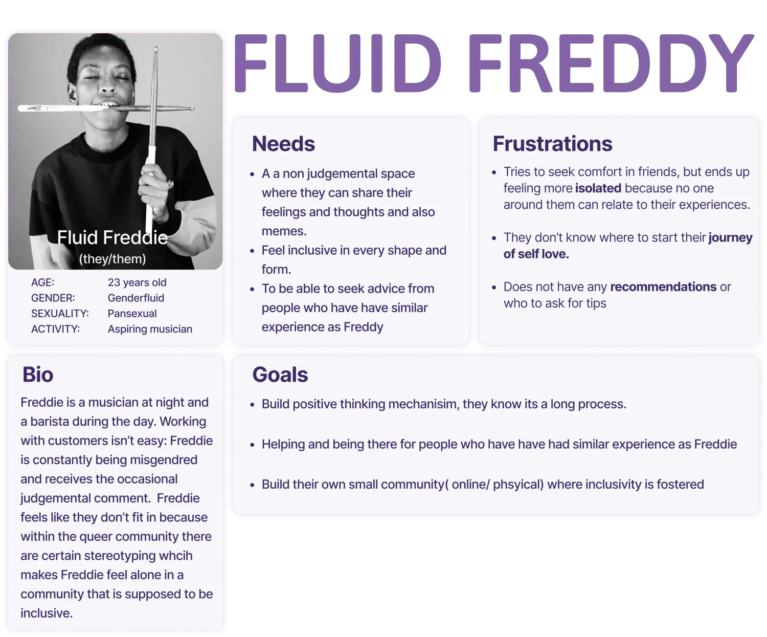 User persona — Fluid Freddy, a 23-year-old genderfluid musician, with needs, frustrations and goals