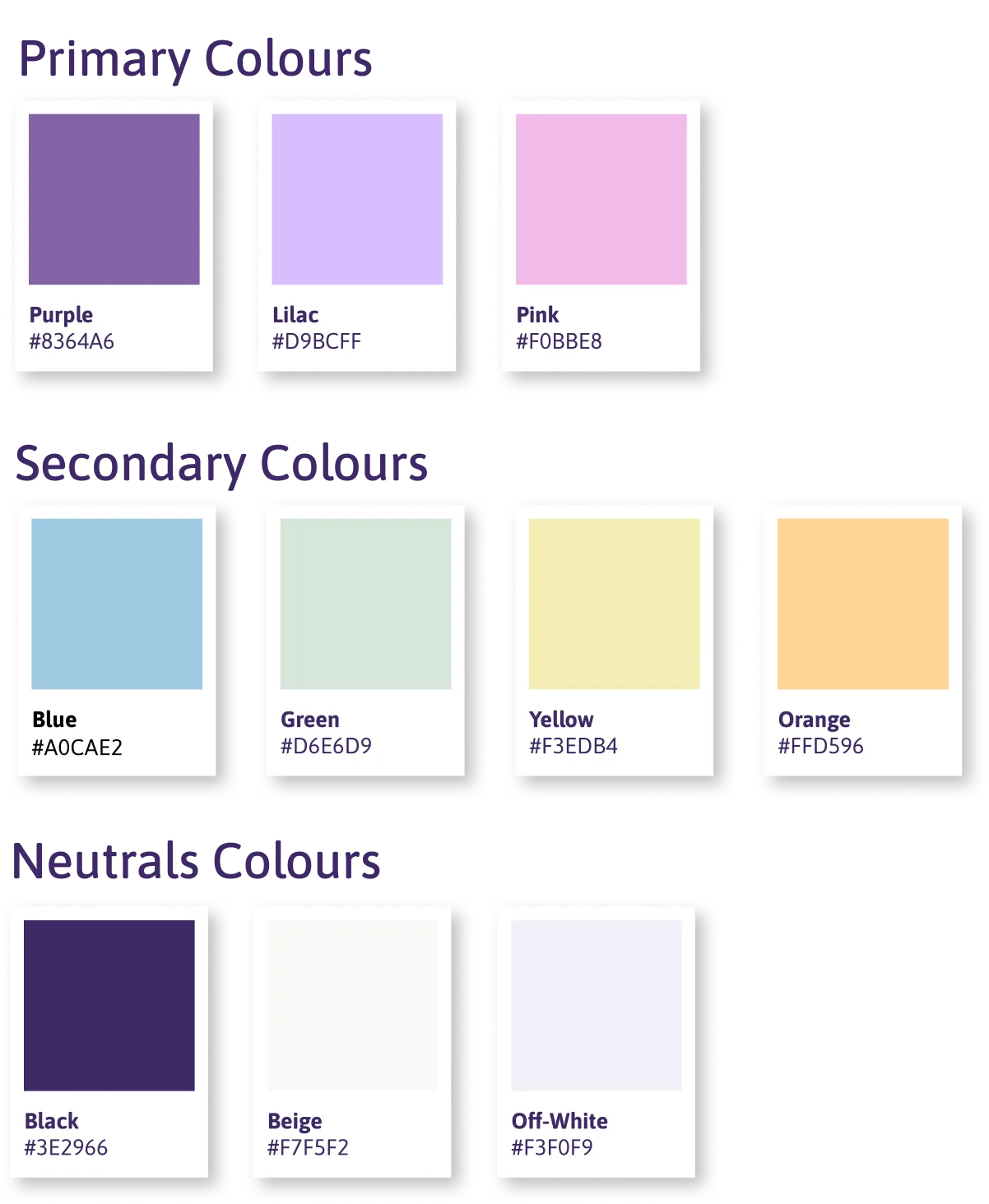 Colour palette — primary, secondary and neutral swatches with hex values